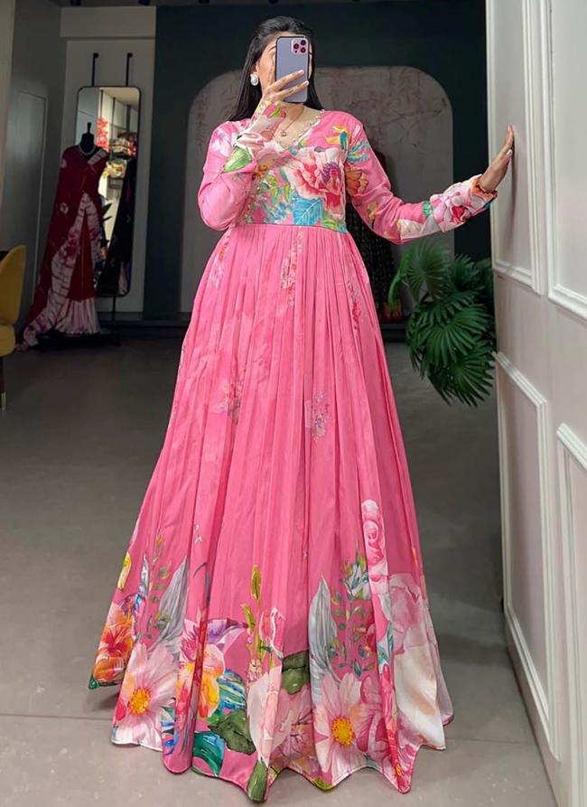 Tussar Silk Pink Traditional Wear Printed Readymade Gown